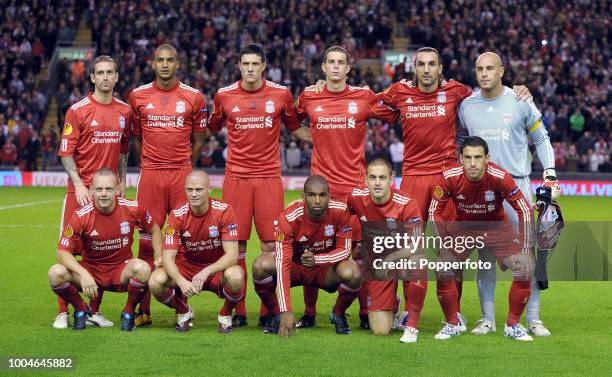 The Liverpool football team prior to the UEFA Europa League Group K match beteween Liverpool and Steaua Bucharest at Anfield in Liverpool on...