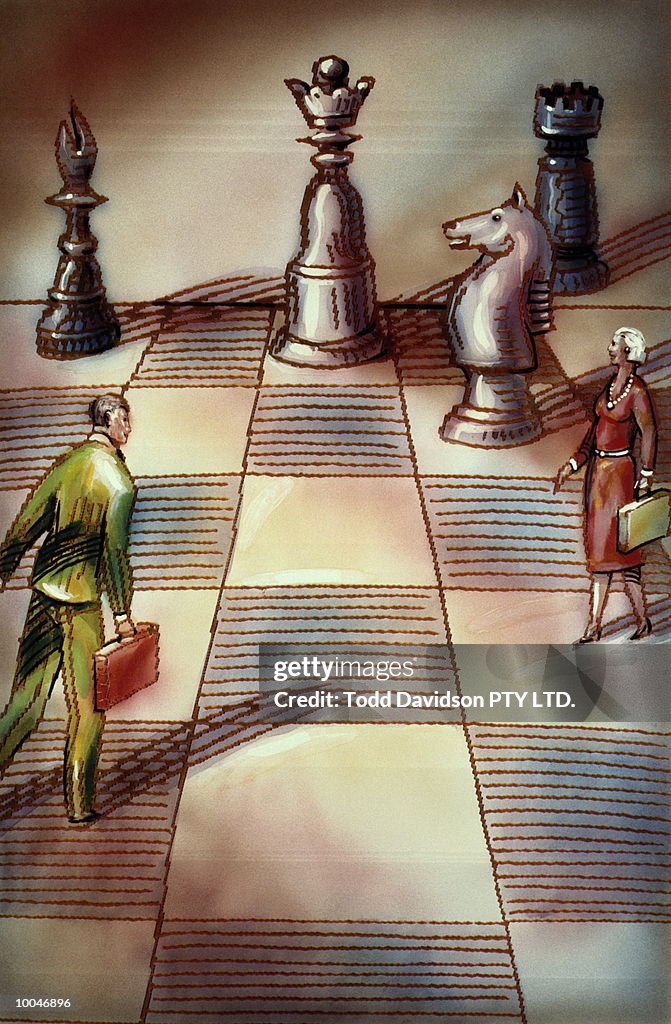 BUSINESSWOMAN & MAN ON CHESS BOARD