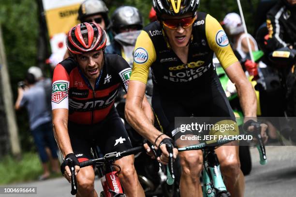 Italy's Damiano Caruso and Netherlands' Robert Gesink ride their breakaway in the 16th stage of the 105th edition of the Tour de France cycling race,...