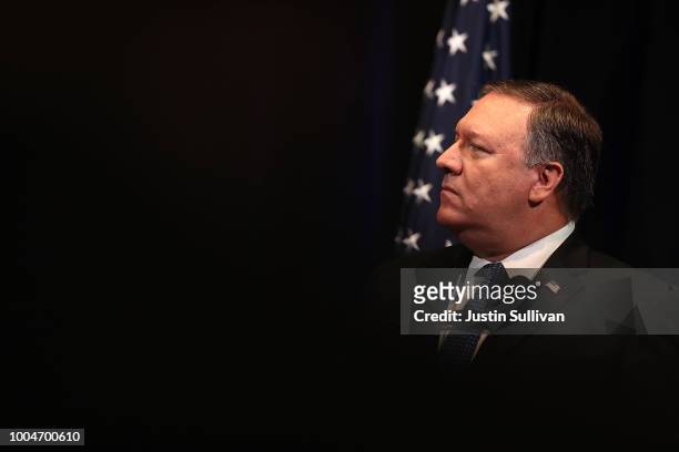 Secretary of State Mike Pompeo looks on during a press conference at the Australia-U.S. Ministerial Consultations at the Hoover Institution on the...