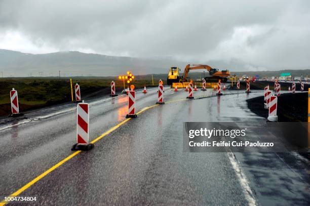 road work on the highway 1 near raykjavik, iceland - road cone stock pictures, royalty-free photos & images