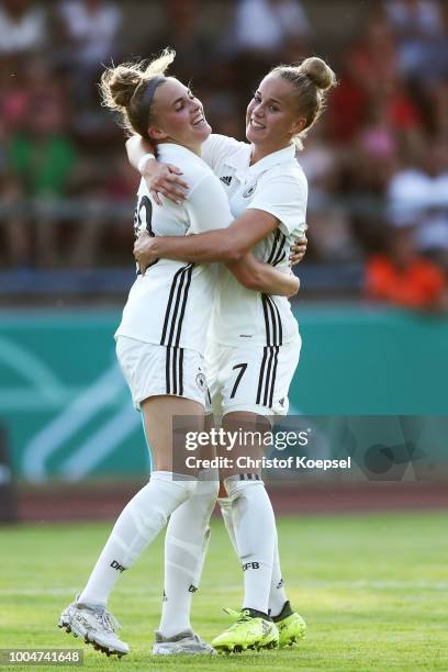 Laura Freigang of Germany celebrates the fifth goal with Giulia Gwinn during the friendly match between Germany U20 Girl's and the Netherlands at...