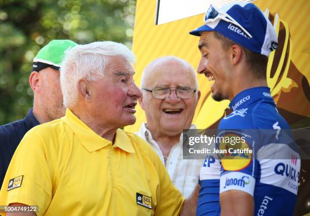 Raymond Poulidor congratulates on the podium Julian Alaphilippe of France and Quick Step Floors for winning stage 16 of Le Tour de France 2018...