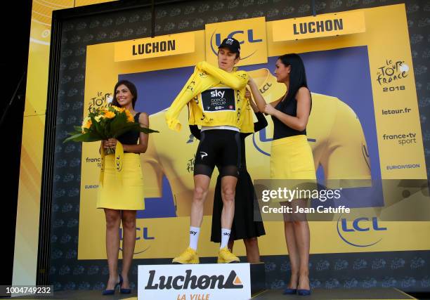 Geraint Thomas of Great Britain and Team Sky retains the leader's yellow jersey following stage 16 of Le Tour de France 2018 between Carcassonne and...