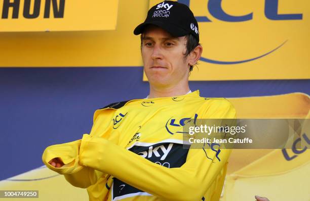 Geraint Thomas of Great Britain and Team Sky retains the leader's yellow jersey following stage 16 of Le Tour de France 2018 between Carcassonne and...