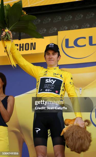 Geraint Thomas of Great Britain and Team Sky retains the leader's yellow jersey following stage 16 of Le Tour de France 2018 between Carcassonne and...