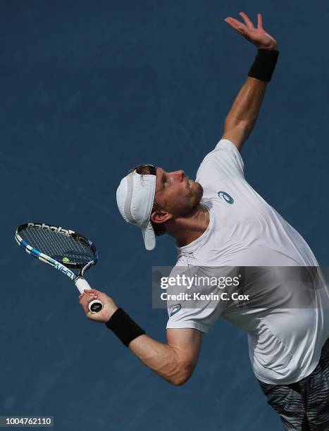 James Duckworth of Australia serves to Ryan Harrison during the BB&T Atlanta Open at Atlantic Station on July 24, 2018 in Atlanta, Georgia.