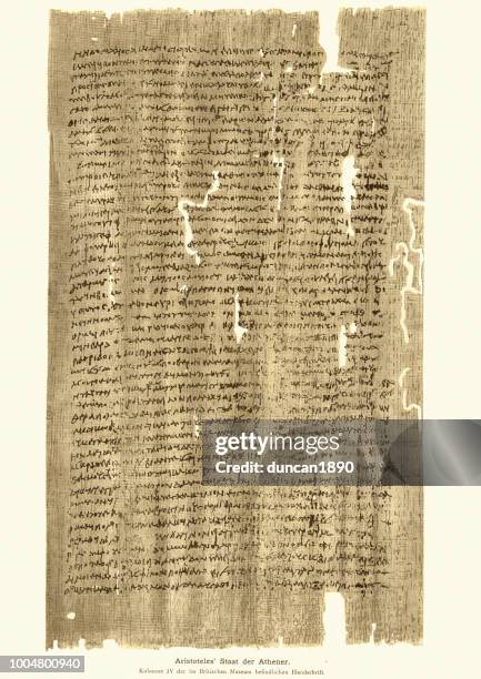 ancient manuscript from aristotele's state of the athenians - aristotle stock illustrations