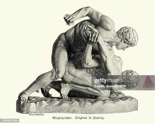 statue of ancient wrestlers - wrestler stock illustrations