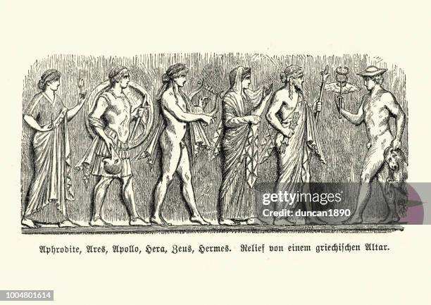 stockillustraties, clipart, cartoons en iconen met oude goden van olympus aphrodite, ares, apollo, hera, zeus, hermes - aphrodite