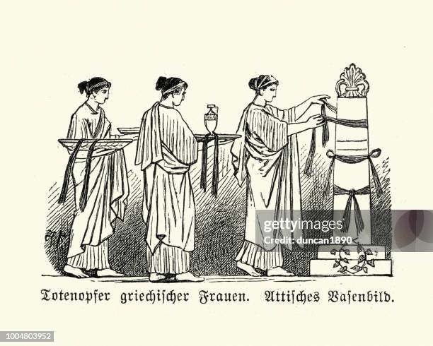ilustraciones, imágenes clip art, dibujos animados e iconos de stock de mujeres griegas antiguas ofrendas a los muertos - celebración religiosa