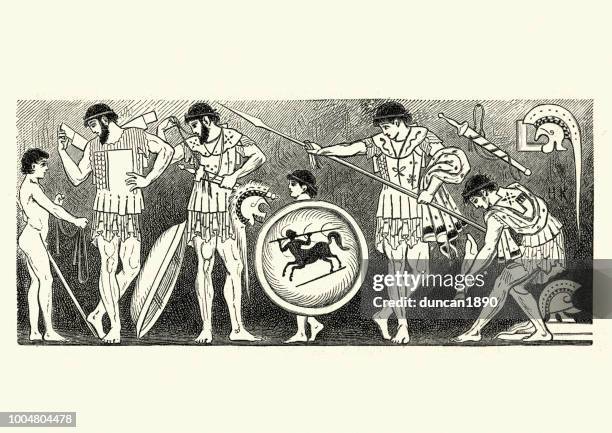 antike griechische krieger - ancient greece stock-grafiken, -clipart, -cartoons und -symbole