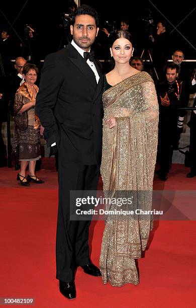 Actors Abhishek Bachchan and Aishwarya Rai Bachchan attend the premiere of 'Outrage' held at the Palais des Festivals during the 63rd Annual...