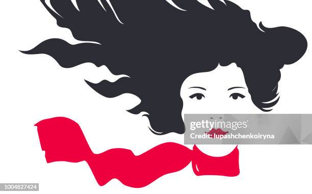 schöne junge frau. porträt in volles gesicht. - hair blowing stock-grafiken, -clipart, -cartoons und -symbole