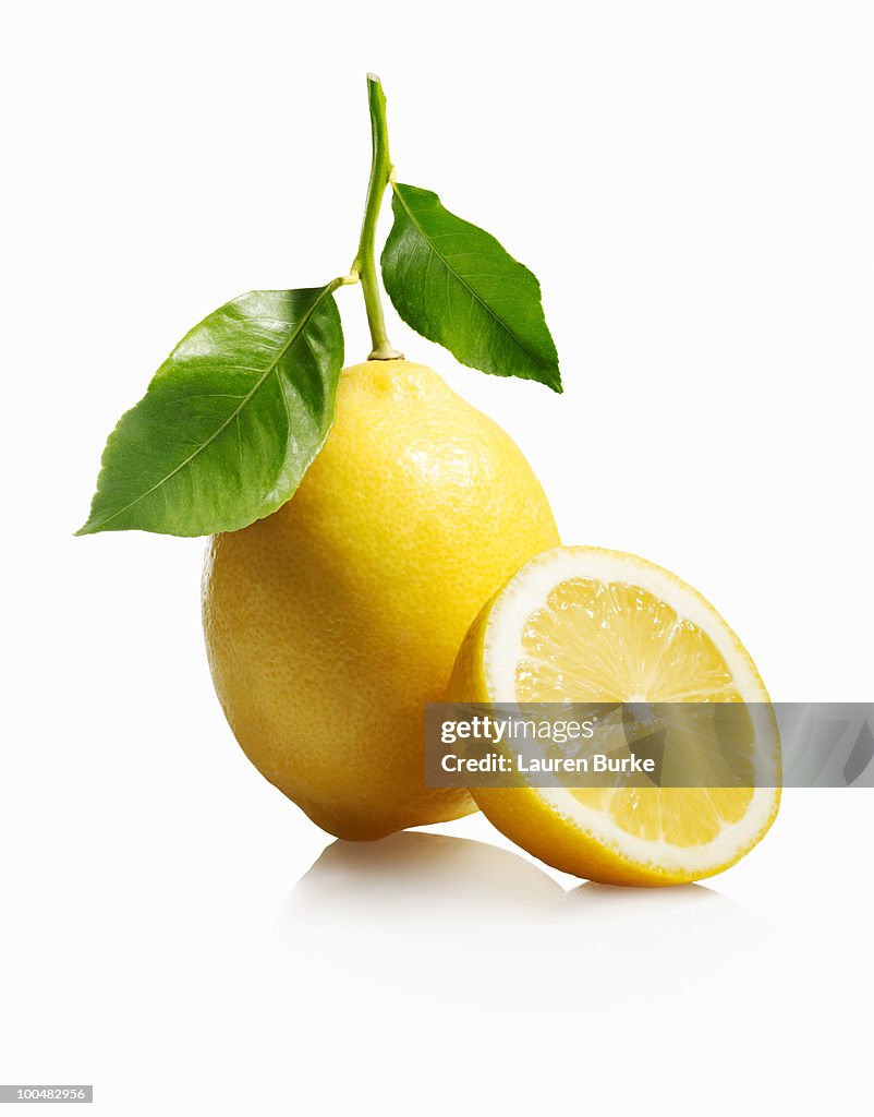 Lemon with Leaves on White Background