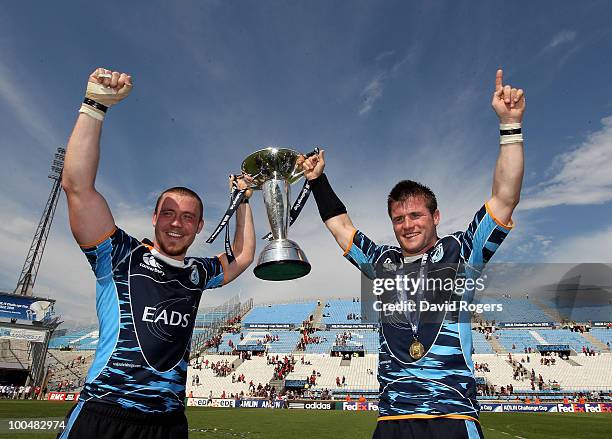 Ceri Sweeney and Richie Rees of Cardiff celebrates after their teams victory in the Amlin Challenge Cup Final between Toulon and Cardiff Blues at...