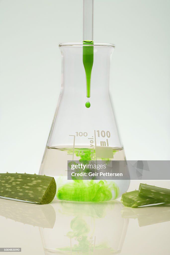 Green liquid in pipette and beaker, bits of plant