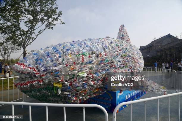 Metre-long whale made of 40,000 abandoned plastic bottles is on display at Rizhao Ocean Park on July 21, 2018 in Rizhao, Shandong Province of China....