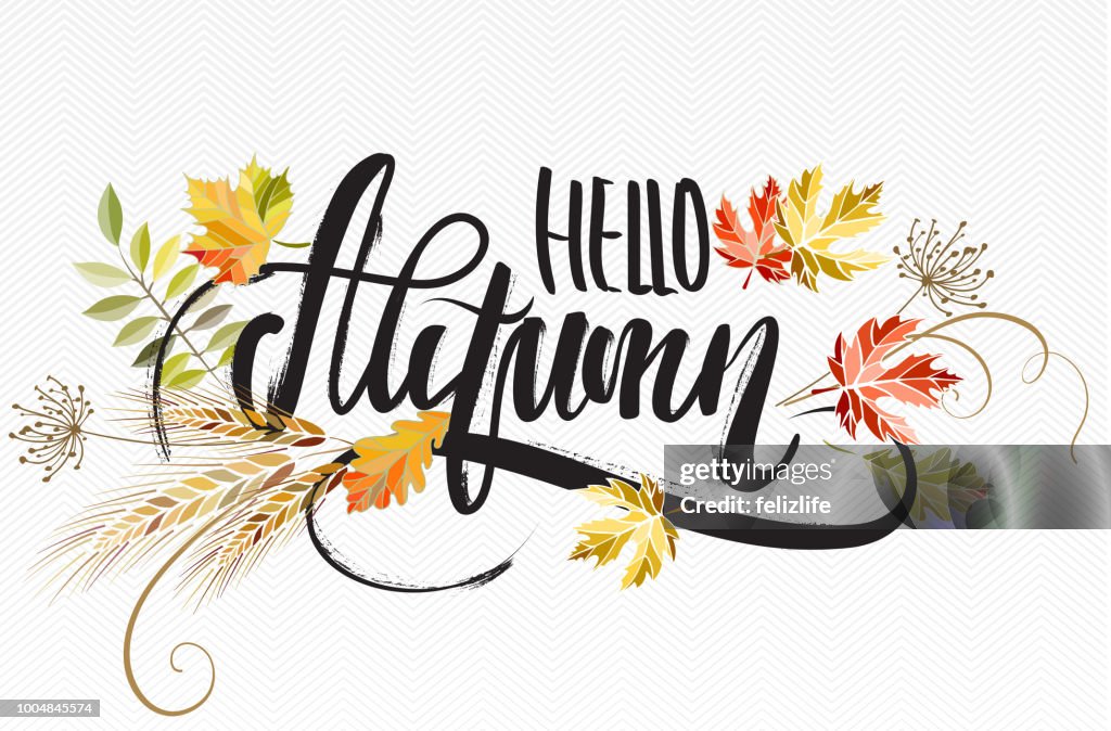 Hello Autium Writing Vector Illustration With Lettering Hello Autumn High-Res Vector Graphic ...