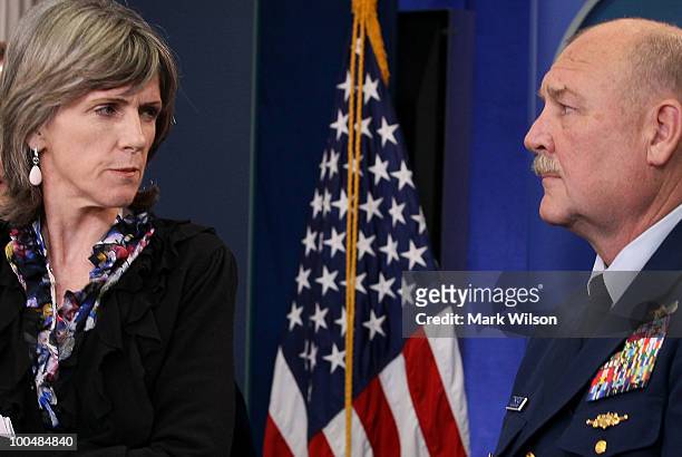 Coast Guard Commandant Thad Allen and White House energy czar Carol Browner field questions on the BP oil leak during a briefing at the White House...