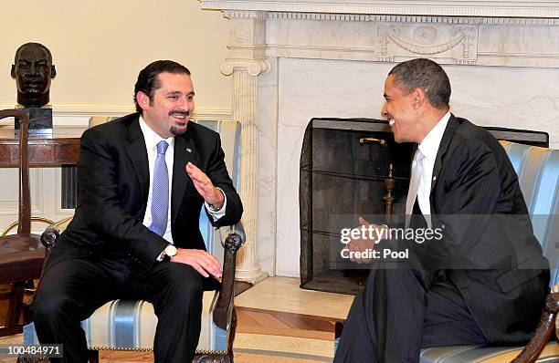 President Barack Obama meets with Prime Minister Saad Hariri of Lebanon in the Oval Office on May 24, 2010 in Washington, DC. Hariri is on his first...