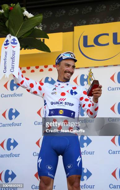 Julian Alaphilippe of France and Quick Step Floors celebrates on the podium winning stage 16 of Le Tour de France 2018 between Carcassonne and...