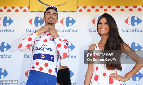Julian Alaphilippe of France and Quick Step Floors celebrates on the podium winning stage 16 of Le Tour de France 2018 between Carcassonne and...