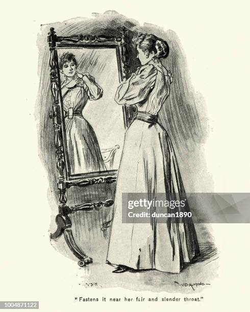 victorian woman looking in mirror trying on necklace - woman full length mirror stock illustrations