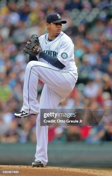 Starting pitcher Felix Hernandez of the Seattle Mariners pitches against the San Diego Padres at Safeco Field on May 23, 2010 in Seattle, Washington.