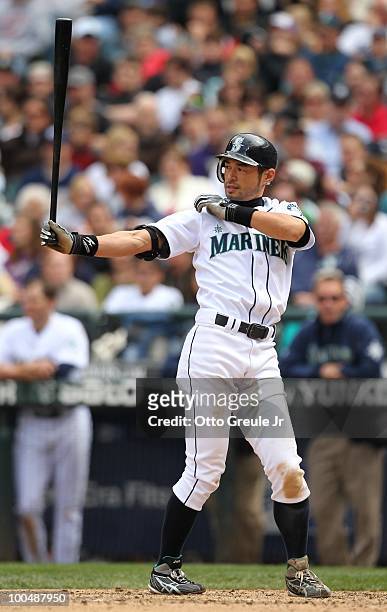 Ichiro Suzuki of the Seattle Mariners bats against the San Diego Padres at Safeco Field on May 23, 2010 in Seattle, Washington.