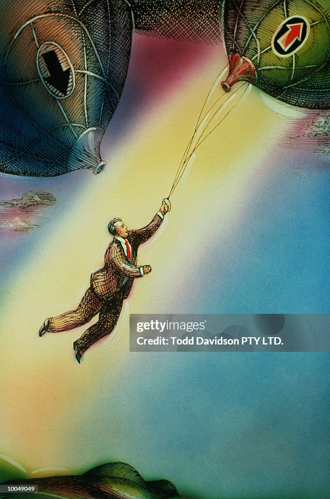 BUSINESSMAN RIDING ON RISING BALLOON