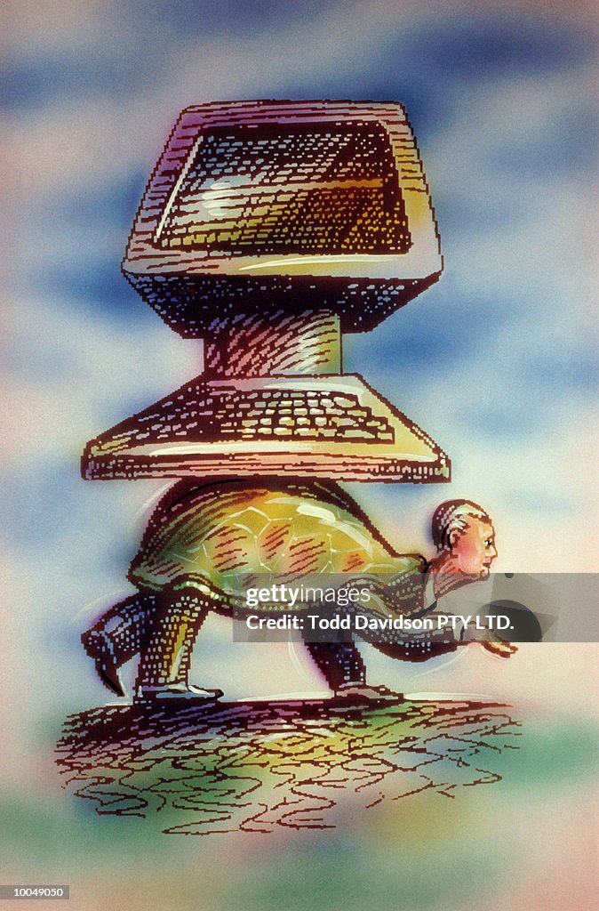 MAN AS SLOW TURTLE WITH COMPUTER ON BACK