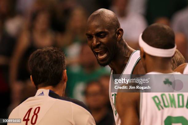 Kevin Garnett of the Boston Celtics argues with referees Scott Foster after Garnett was called for a technical foul in the third quarter against the...