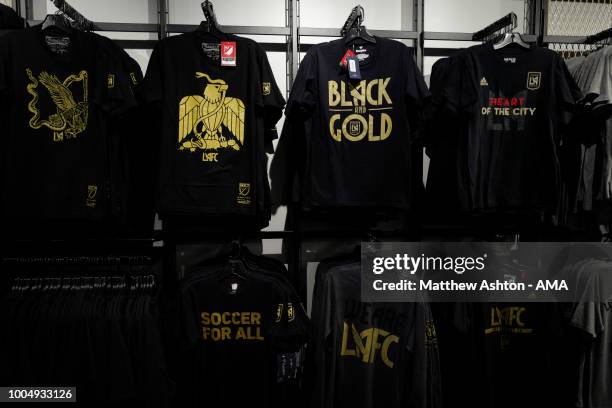 General view of LAFC merchandise on sale in the club shop selling T-shirts ahead of the LAFC v Los Angeles Galaxy derby at Banc of California Stadium...