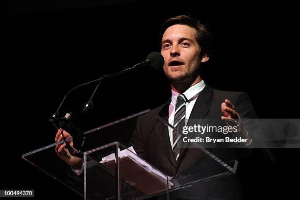 Actor Tobey Maguire speaks onstage at the The Film Society of Lincoln Center's 37th Annual Chaplin Award gala at Alice Tully Hall on May 24, 2010 in...