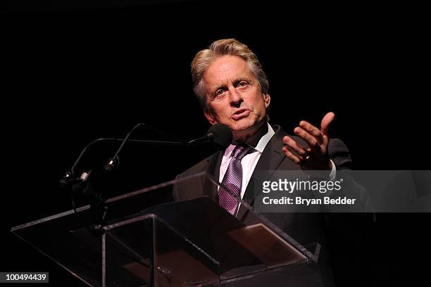 Actor Michael Douglas speaks onstage while being honored at the The Film Society of Lincoln Center's 37th Annual Chaplin Award gala at Alice Tully...
