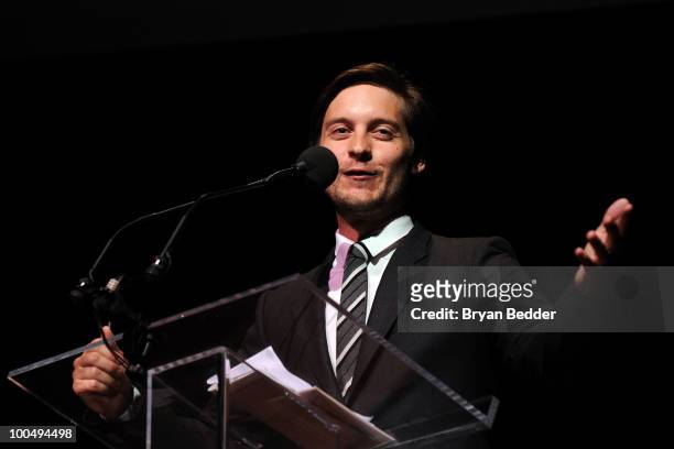 Actor Tobey Maguire speaks onstage at the The Film Society of Lincoln Center's 37th Annual Chaplin Award gala at Alice Tully Hall on May 24, 2010 in...