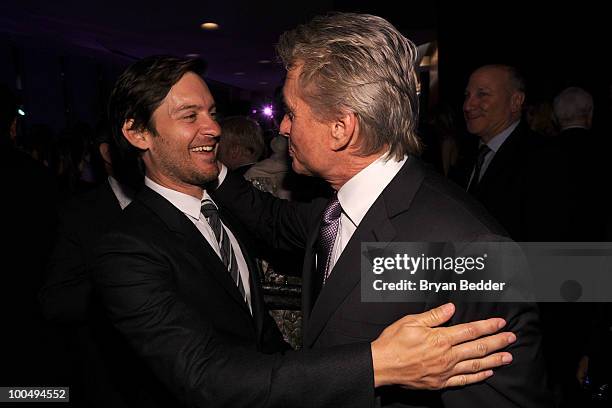 Actors Tobey Maguire and Michael Douglas attend the The Film Society of Lincoln Center's 37th Annual Chaplin Award gala at Alice Tully Hall on May...