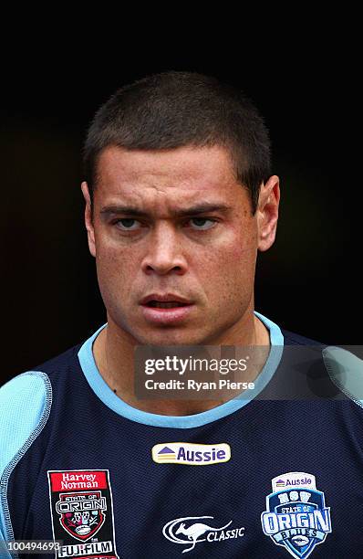 Timana Tahu of the NSW Blues walks out of the changerooms during a NSW Blues training session ahead of tomorrow's State Of Origin Game I at ANZ...