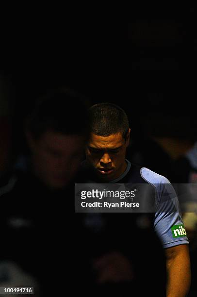 Timana Tahu of the NSW Blues walks out of the changerooms during a NSW Blues training session ahead of tomorrow's State Of Origin Game I at ANZ...