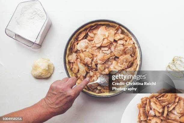 overhead shot of a woman baking apple pie - apple cake stock pictures, royalty-free photos & images