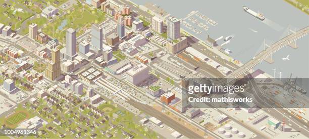 ilustrações, clipart, desenhos animados e ícones de isometric cidade - panoramic