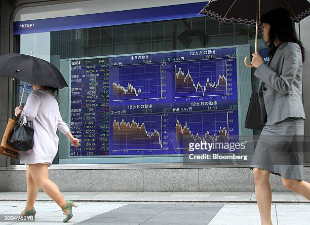Pedestrians walk past an electronic stock board outside a securities firm in Tokyo, Japan, on Tuesday, May 25, 2010. Japanese stocks fell, dragging...