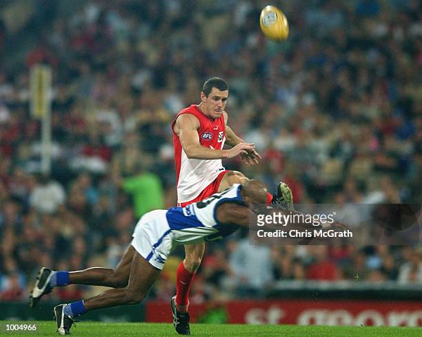 Ben Mathews of the Swans gets a kick away during the round 4 AFL match between the Sydney Swans and the Kangaroos held at the Sydney Cricket Ground,...