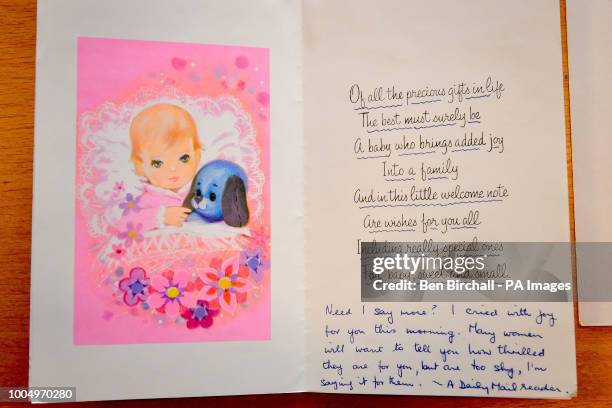 Baby congratulation card, sent from a Daily Mail newspaper reader, which forms part of the Lesley Brown archive, a collection of items kept by the...