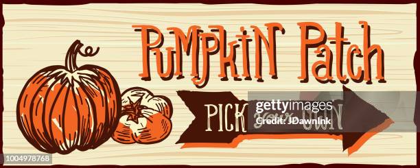 you pick pumpkin patch wooden sign with old fashioned truck on wooden background - pumpkin patch stock illustrations