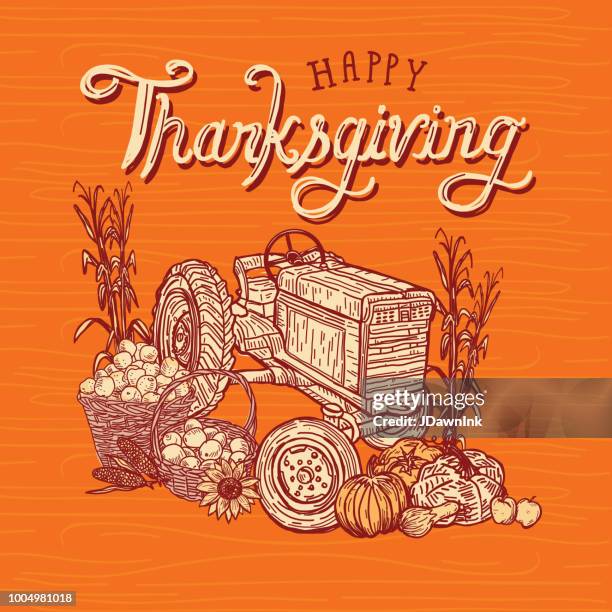 happy thanksgiving-traktor mit ernte gruß design - apple arrow stock-grafiken, -clipart, -cartoons und -symbole