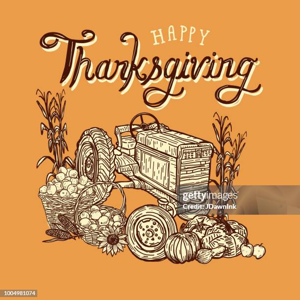 happy thanksgiving tractor with crop harvest greeting design - hayride stock illustrations