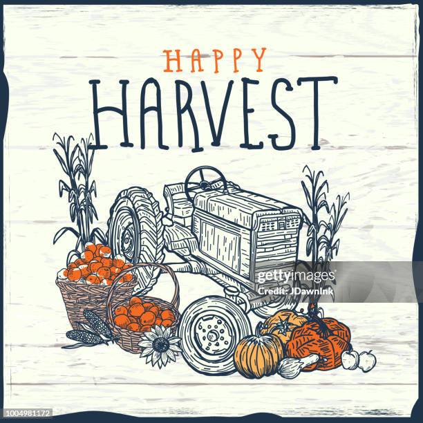 happy harvest thanksgiving traktor mit ernte gruß design - old fashioned thanksgiving stock-grafiken, -clipart, -cartoons und -symbole