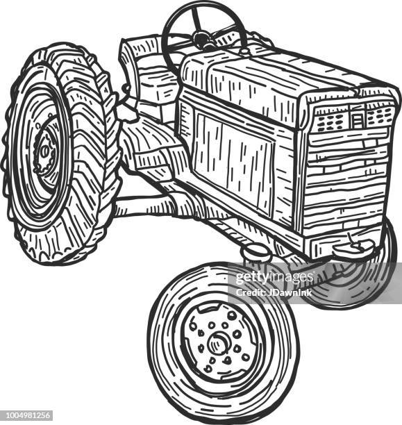 old fashioned tractor sketch - old tractor stock illustrations